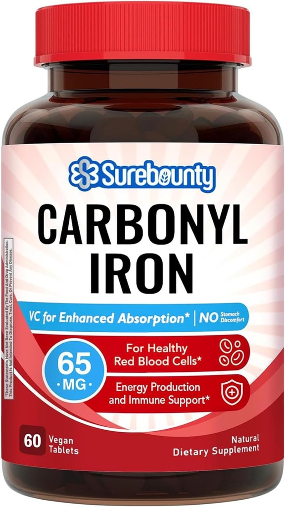 Fer carbonyle, avec vitamine C naturelle, doux sur l'estomac, haute absorption, pour la fonction des globules rouges, support énergétique, végétalien, 60 onglets