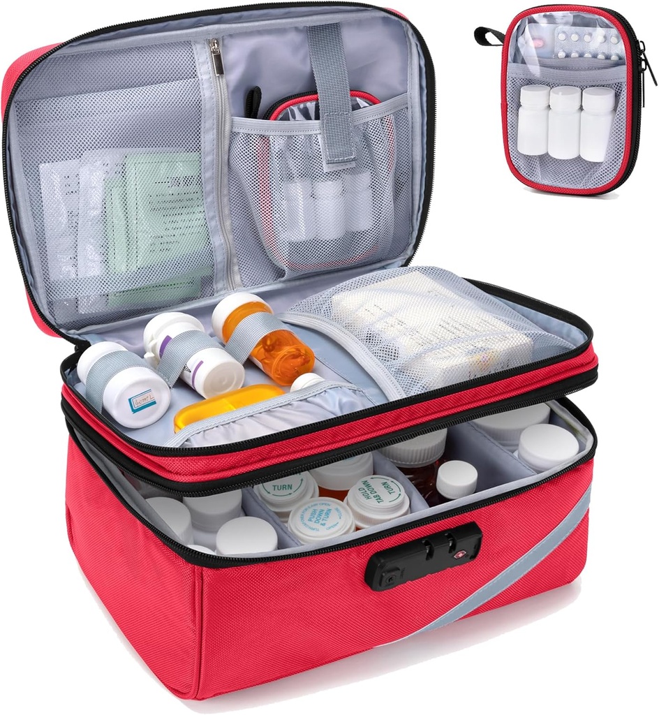 Sac de rangement en médicaments Trunab avec serrure combinée, organisateur de bouteille de pilule verrouillable, étui de voyage pour médicaments pour boîte de médecine, ordonnance, vitamines, suppléments ou fournitures médicales
