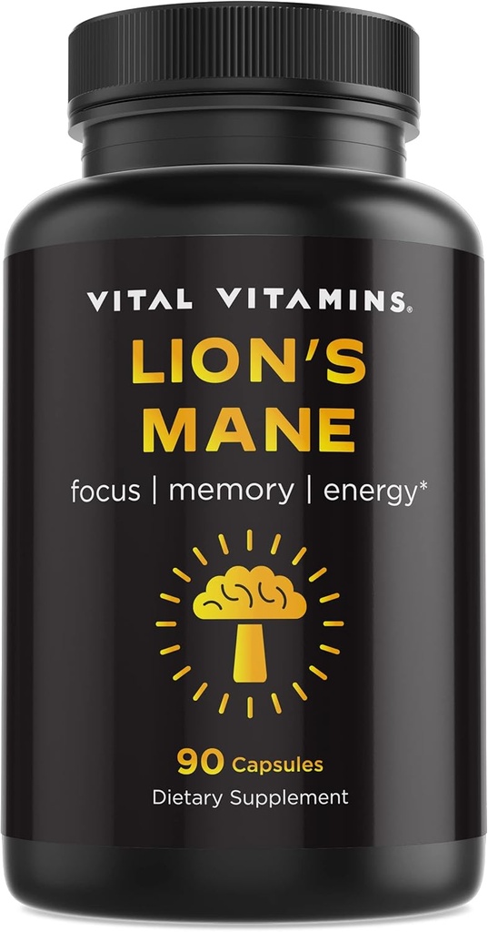 Vitamines Vital Lions Mane Supplément Capsules - Supplément Brain Booster pour la clarté mentale, le focus et le soutien de la mémoire - Supplément de champignons nootropes avec queue de dinde et maitake (90 capsules)