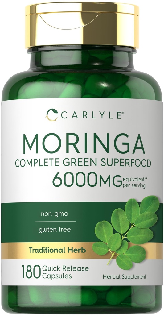 Carlyle Moringa Oleifera (180 capsules) Supplément sans OGM et sans gluten (100 mg) Superfood vert complet de Moringa Poudre de feuille