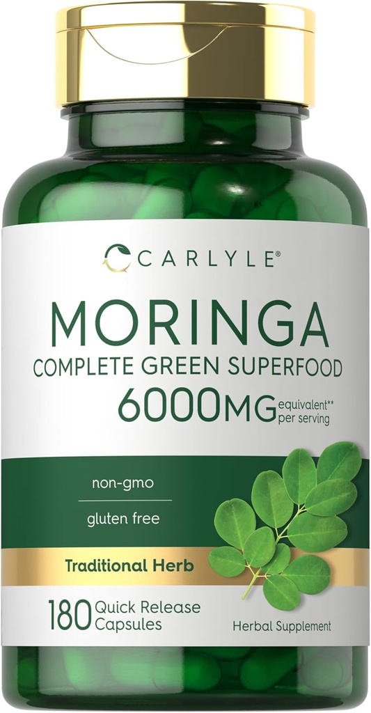 Carlyle Moringa Oleifera (180 capsules) Supplément sans OGM et sans gluten (100 mg) Superfood vert complet de Moringa Poudre de feuille