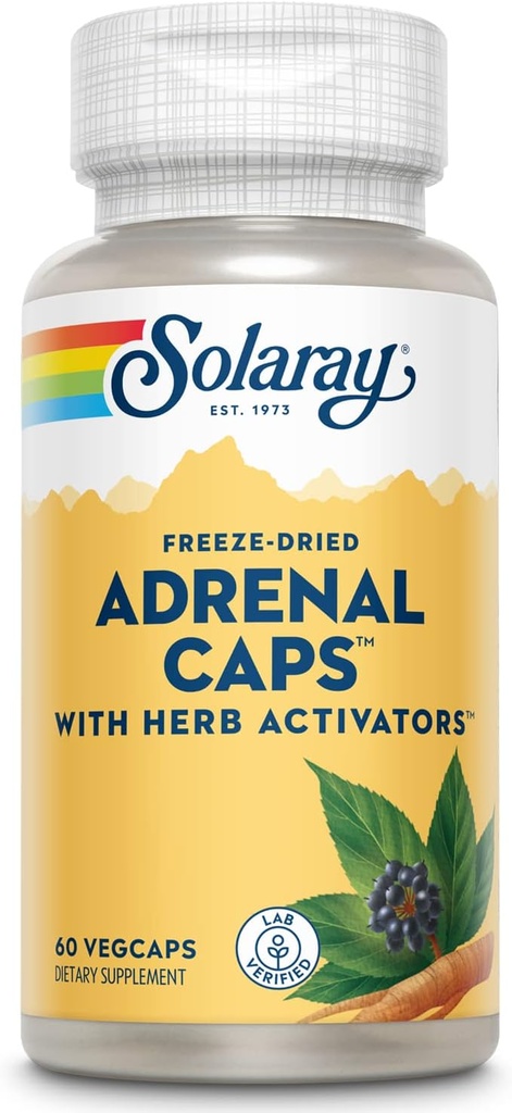 SOLARAY Caps adrénaux, congelés - Aide au mieux-être Cocktail adrénal avec activateurs d'herbe Eleuthero, Gotu Kola, Licorice et Clove - Verifié en laboratoire, garantie de 60 jours - 30 portions, 60 VegCaps