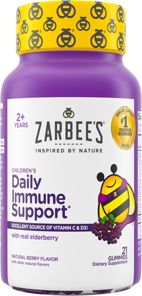 Gummies de mûre aînée de Zarbee pour les enfants avec de la vitamine C; Zinc & Elderberry; les enfants du jour soutien des vitamines Gummy pour les enfants de 2 ans et plus; Berry Flavor naturel; 21 comte