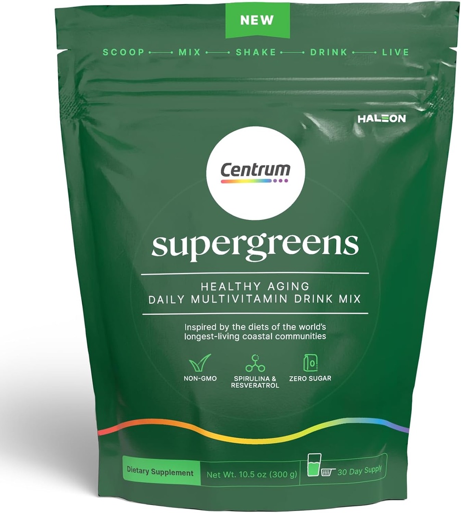 Centrum Supergreens - Superfood Powder & Multivitamin pour les adultes – Poudre verte avec spiruline, champignons, prébiotiques et mélange d'enzyme – 30 jours d'approvisionnement