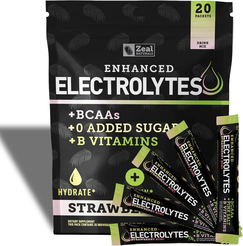 Boîtes de poudre d'électrolyte améliorées (Kiwi de Strawberry) avec 20 paquets de sucre + BCAA + B-Vitamines Supplément d'électrolyte avec Zinc de potassium et Magnésium pour l'hydratation - Electrolytes de kéto