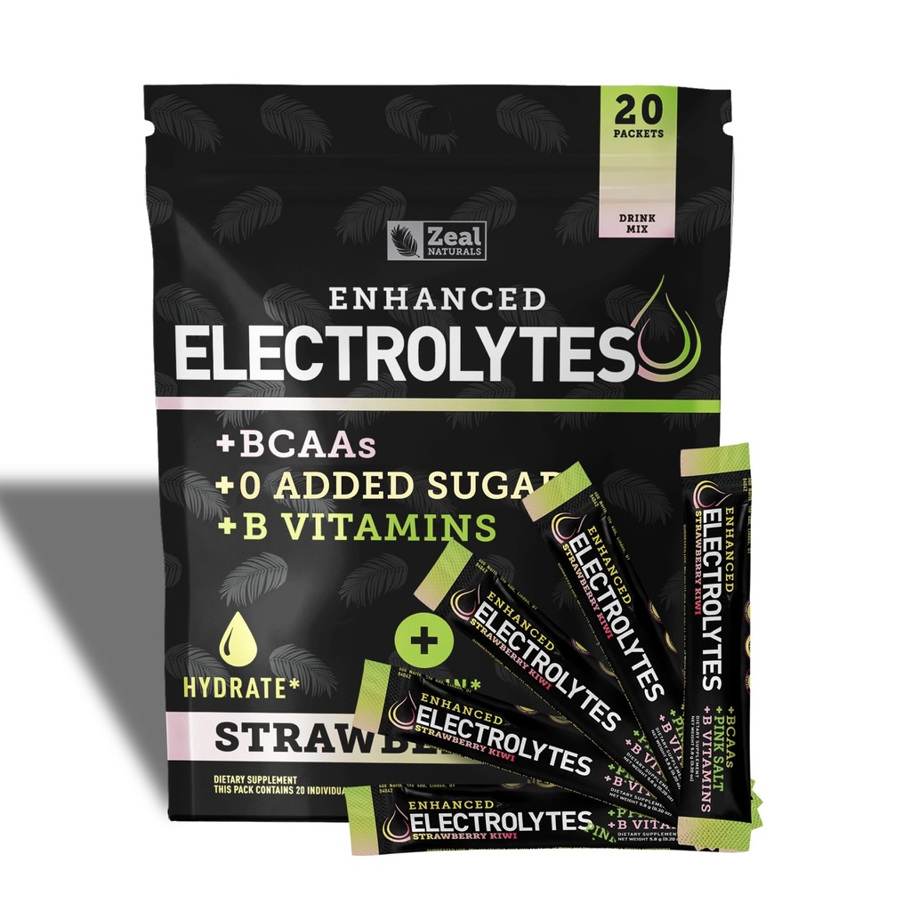 Boîtes de poudre d'électrolyte améliorées (Kiwi de Strawberry) avec 20 paquets de sucre + BCAA + B-Vitamines Supplément d'électrolyte avec Zinc de potassium et Magnésium pour l'hydratation - Electrolytes de kéto