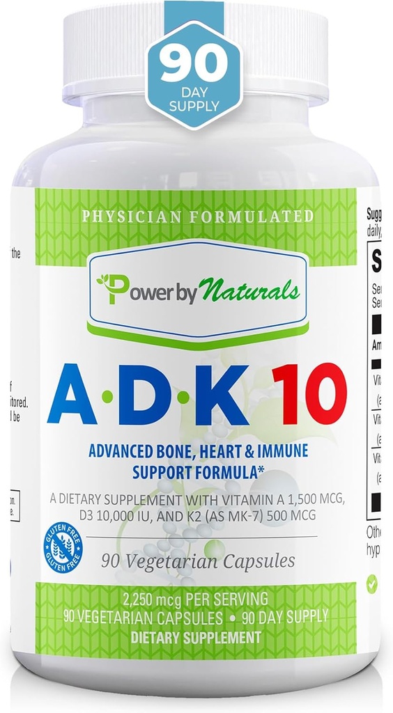 Power By Naturals ADK Vitamin Supplement – ADK 10 High Potency with Vitamins A, D3 10,000 IU & K2 MK7 for Superior Heart, Immune & Bone Health Support – 90 Capsules, 1 Pack (3-Month Supply)
