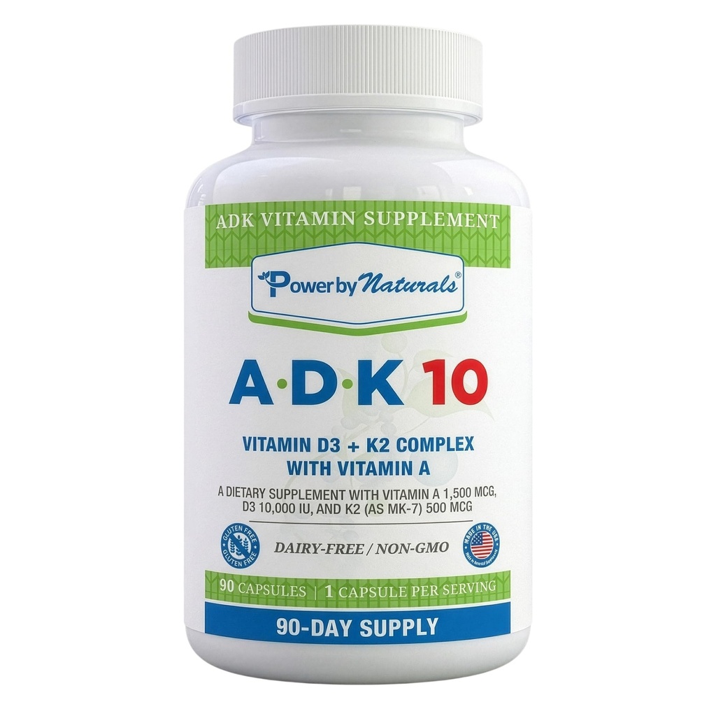 Power By Naturals Supplément de vitamine ADK – ADK 10 High Potency avec des vitamines A, D3 10 000 UI et K2 MK7 pour le Cœur Supérieur, Immune et Bone Health Support – 90 Capsules, 1 Pack (3-Mois)