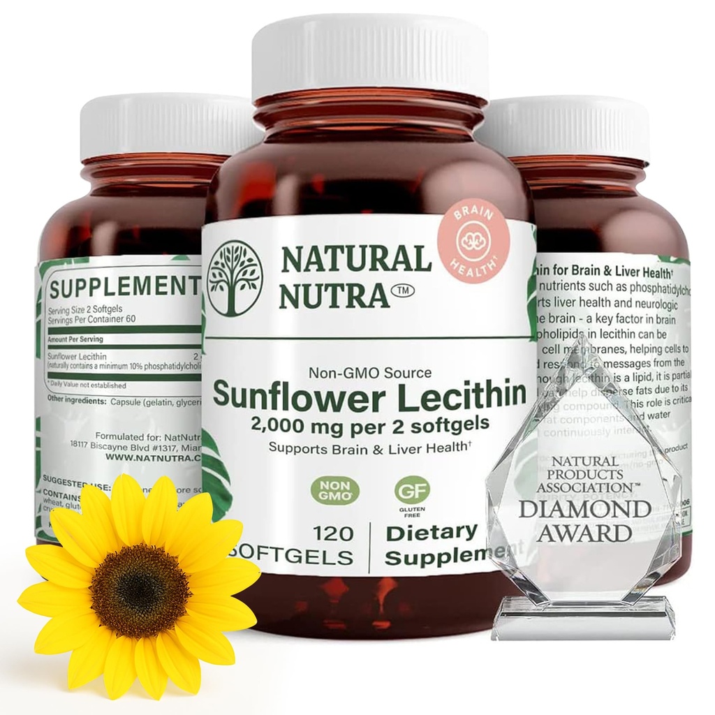 Lécithine de tournesol naturel Nutra 2000 mg supplément, soutient l'allaitement maternel mamans avec duct Relief Plugged, foie et cerveau santé booster, sans soja, sans OGM, sans gluten, 120 softgels (2 pack)