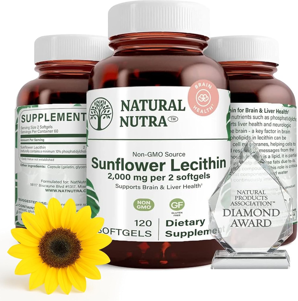 Lécithine de tournesol naturel Nutra 2000 mg supplément, soutient l'allaitement maternel mamans avec duct Relief Plugged, foie et cerveau santé booster, sans soja, sans OGM, sans gluten, 120 softgels (2 pack)