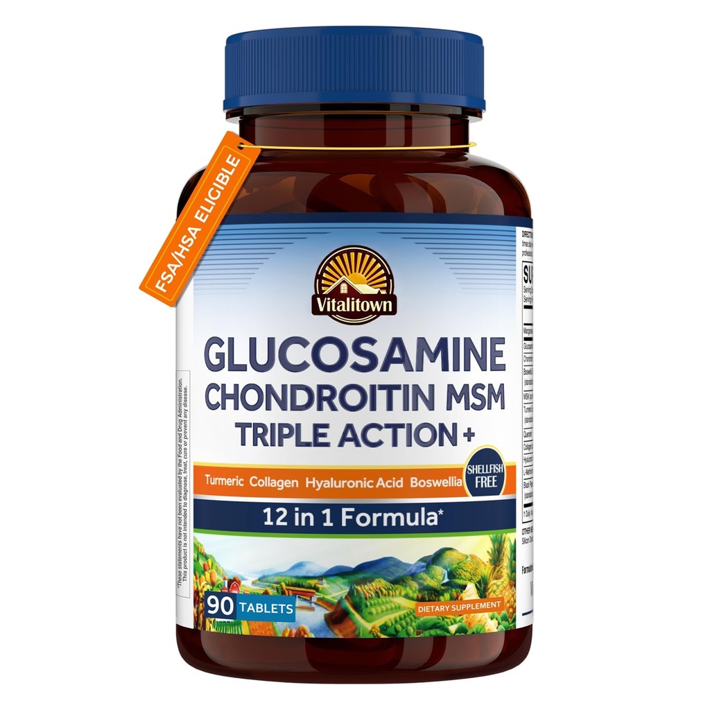 Vitalitown Glucosamine Chondroïtine MSM.Collagen, Boswellia, Turmeric, Acide hyaluronique, Bromelain.