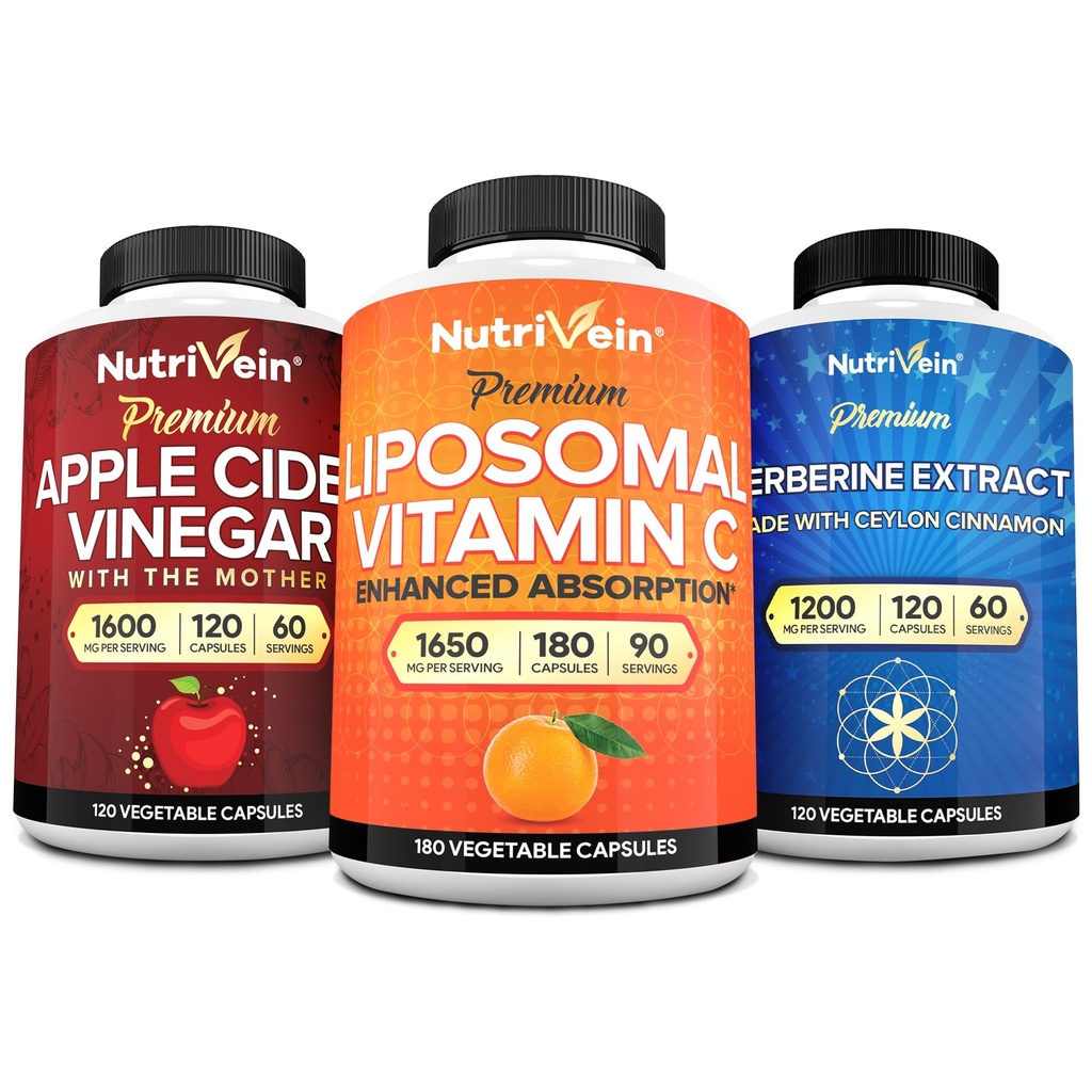 Nutrivein Premium Berberine, vinaigre de cidre de pomme et supplément de vitamine C liposomique: capsules de vitamine C à haute absorption, capsules de vinaigre de cidre de pomme et supplément de berbère pour le bien-être et l'immunité