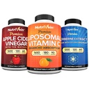 Nutrivein Premium Berberine, vinaigre de cidre de pomme et supplément de vitamine C liposomique: capsules de vitamine C à haute absorption, capsules de vinaigre de cidre de pomme et supplément de berbère pour le bien-être et l'immunité