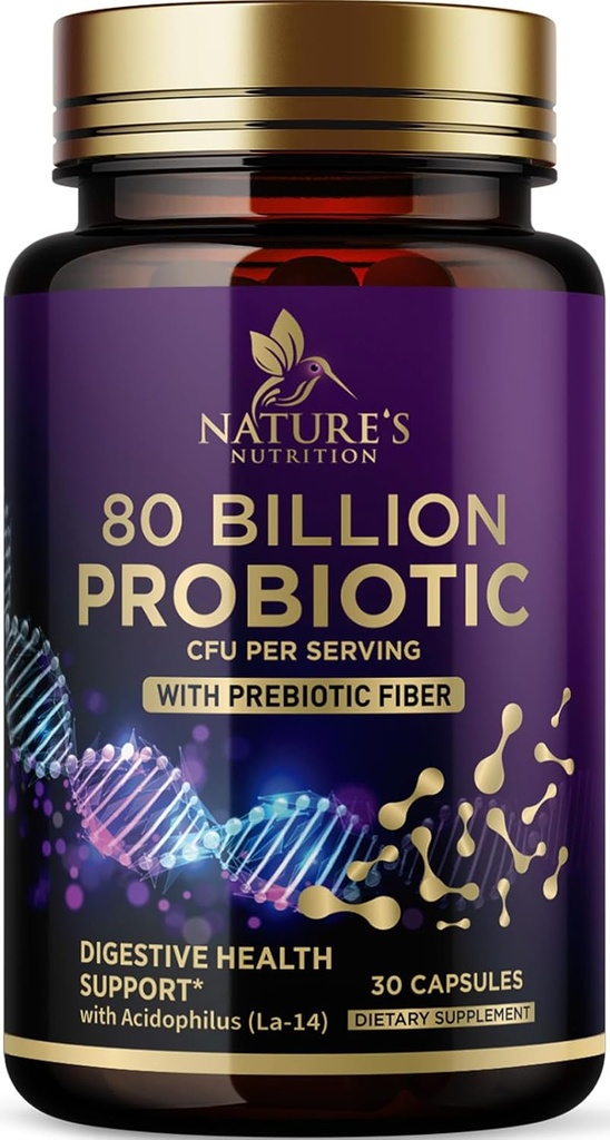 Supplément probiotique 80 milliards CFU + Prébiotiques, Acidophilus Probiotique soutient le système immunitaire et la santé digestive, soutient la constipation occasionnelle, supplément pour la santé féminine - 30 capsules