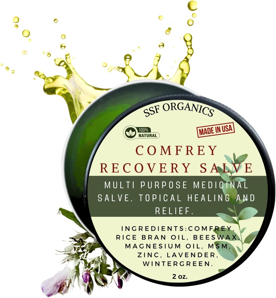 SSF Organics Comfrey Recovery Salve. Baume à base de plantes organiques pour os, muscles, articulations, genou, peau, gonflement et soins de tatouage. Fabriqué à la main, lent-infusé. Pas de produits chimiques. 2 oz