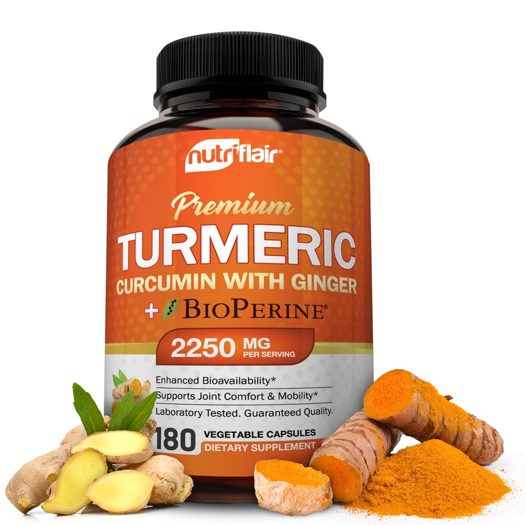 NutriFlair Curcumine curmérique avec gingembre et suppléments de poivre noir BioPerine, 180 Capsules - 95% Curcuminoïdes - Soutien articulaire, Antioxydant, Anti vieillissement - Naturel, Non-OGM, Vegan Meilleure puissance maximale