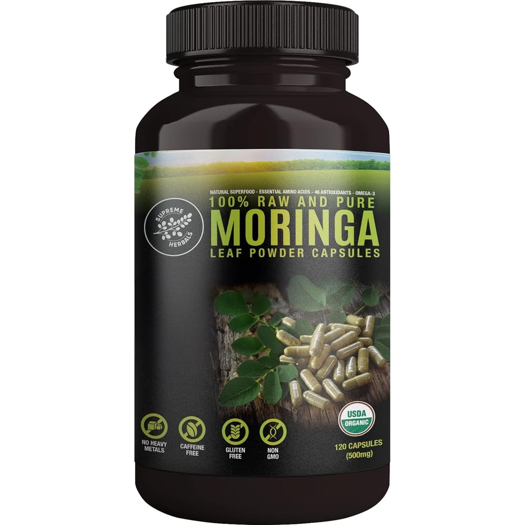 Capsules de poudre de feuille de Moringa crue et pure à 100%. Feuille de Moringa certifiée biologique. Superaliment naturel avec acides aminés essentiels, antioxydants et Oméga 3, 500mg, 120 Capsules.