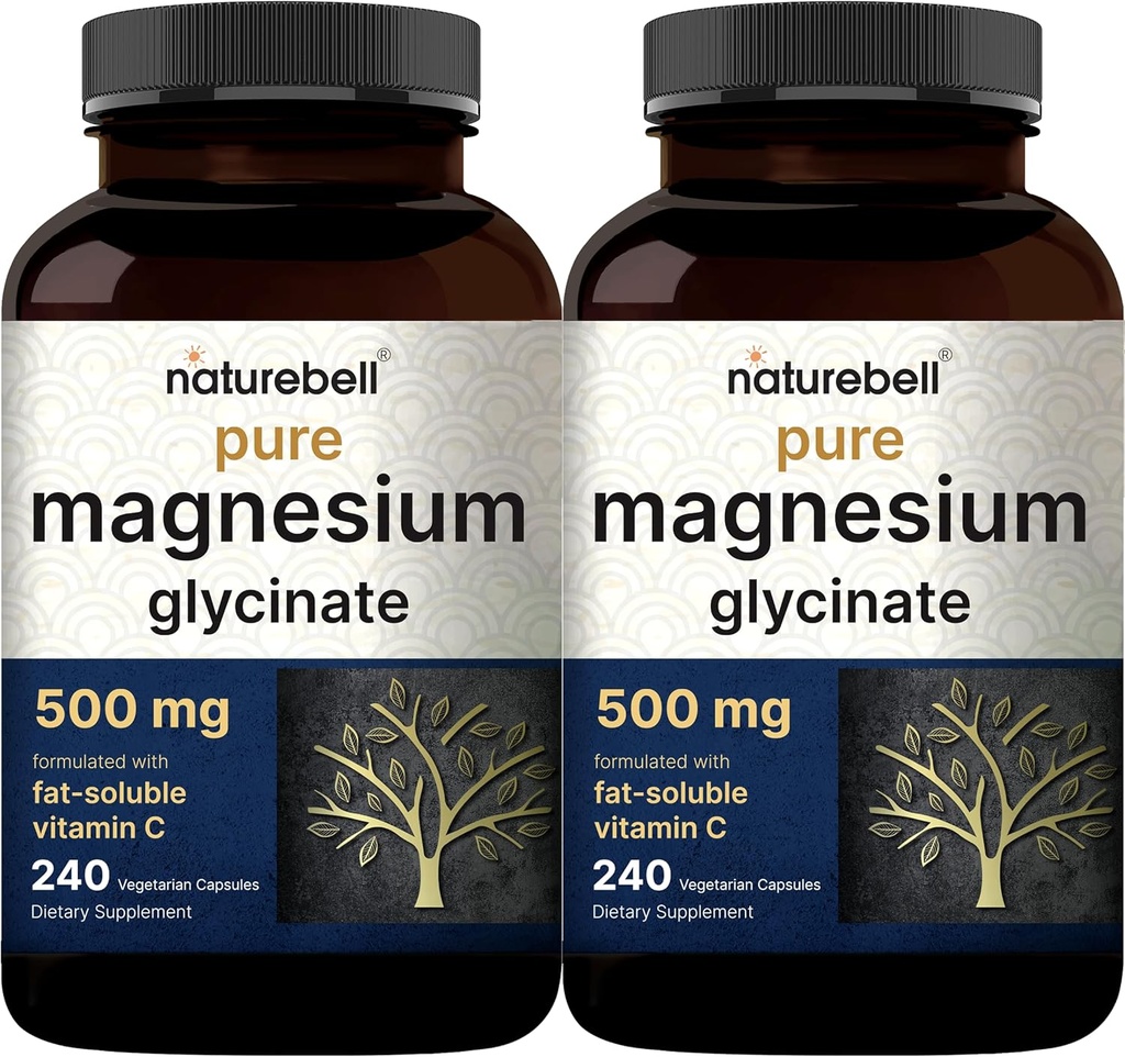 Glycinate de magnésium pur 500mg avec vitamine C soluble dans le gras, 480 Capsules de Véggie (2 Pack)