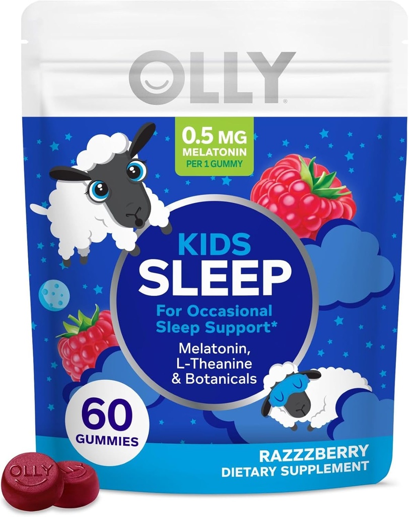 OLLY Enfants dormant Gummy, 0.5mg Melatonin, L Theanine, Camomille et Lemon Baume, Supplément pour enfants à croquer, Soutien occasionnel au sommeil, Framboise - 60 Comte