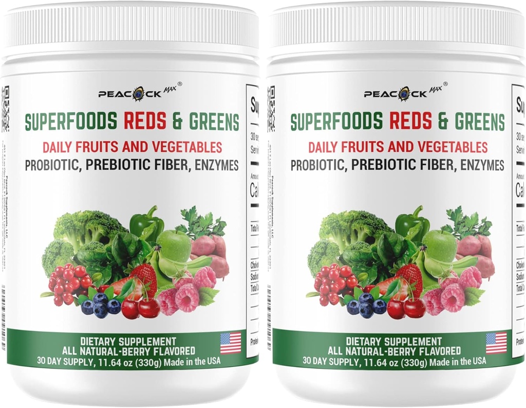 Poudre Superfood Reds & Greens - 11.64 oz (paquet de 2), Prébiotiques et probiotiques pour la santé digestive, Poudre Super Greens avec Ashwagandha, Antioxydants, Vegan, Non-OGM