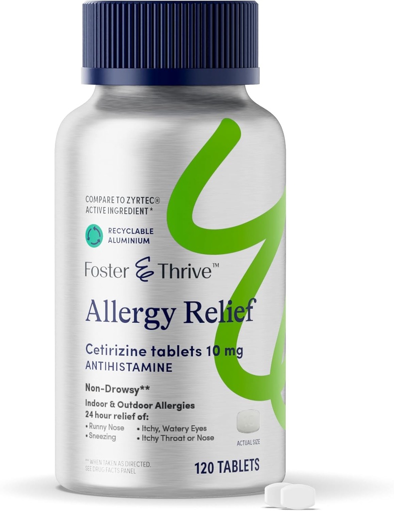 Foster & Thrive Cetirizine HCl 10mg Allergy Relief for Seasonal Allergies, Pollen, Hay Fever, and Dry Itchy Eyes, Non-Drowsy Antihistamine Medicine for Children or Adults, Compare to Zyrtec