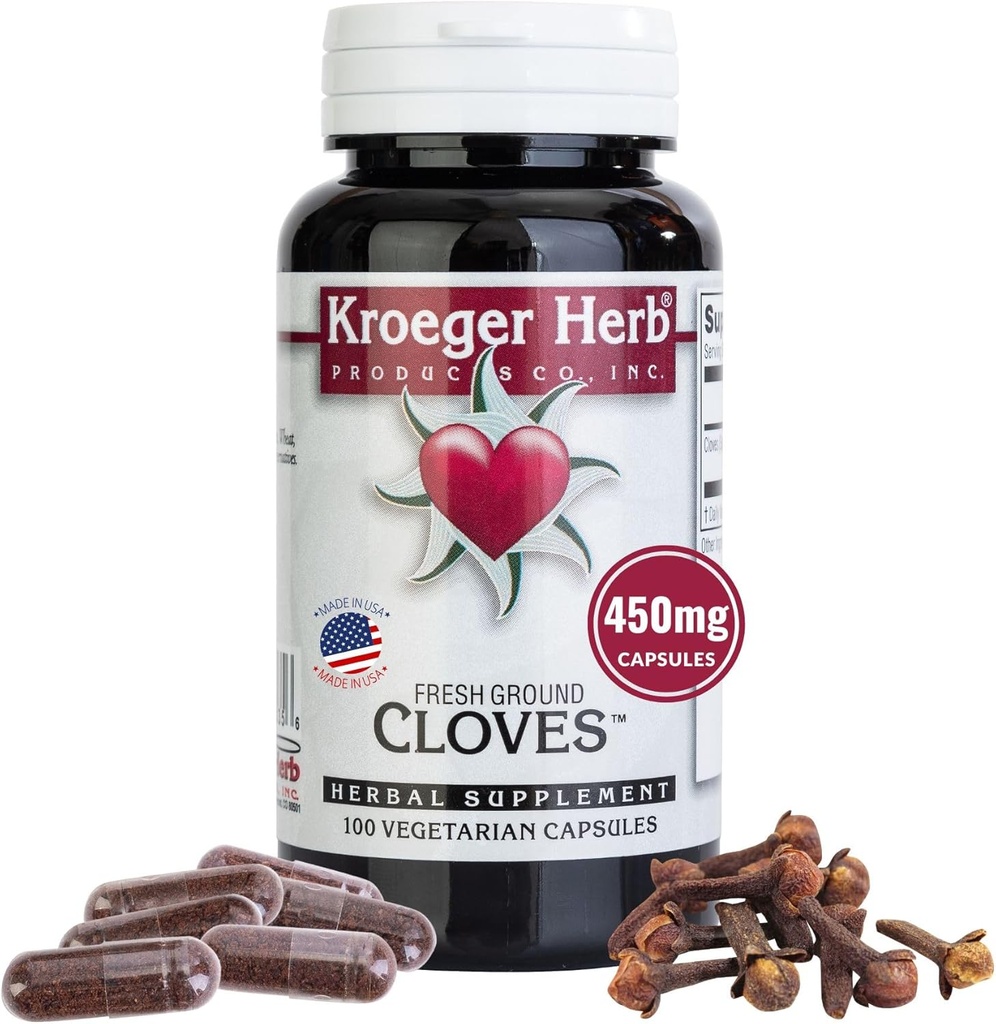 Kroeger Herb, Cloves, Capsules d'antioxydants naturels, Supplément de clove, Santé du foie, Clove digestif - Végétarien, Non-OGM, Sans gluten, Pas de conservateur ou de remplissage-100 Capsules, Fabriqué aux États-Unis