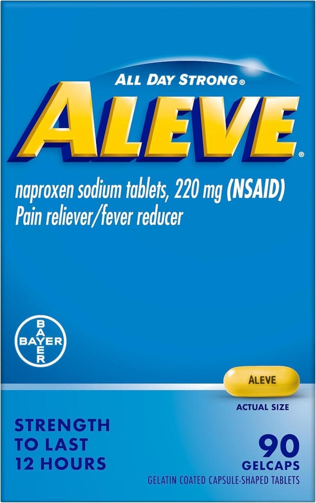 Aleve Pain Reliever & Fever Reducer Gelcaps, Naproxen Sodium, Céphalées et anti-douleur, pour les adultes et les enfants de 12 ans et plus, 90 Nombre