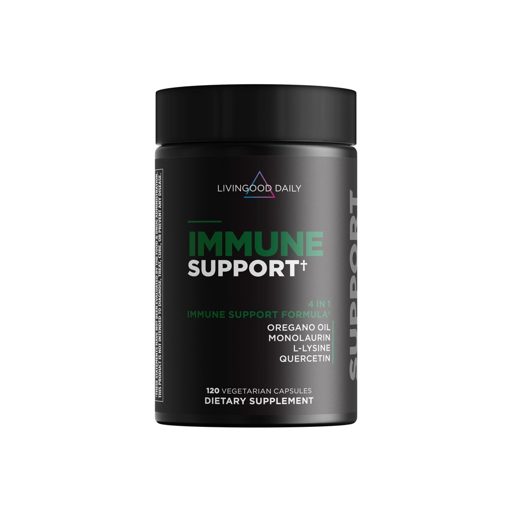 Livingood Supplément quotidien de soutien immunitaire, formule 4-en-1 avec huile d'origan, monolaurin, L Lysine & Quercetin, Gut & Digestive Health, sans gluten, végétalien, non OGM, sans allergène, 120 capsules