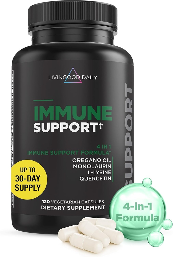 Livingood Supplément quotidien de soutien immunitaire, formule 4-en-1 avec huile d'origan, monolaurin, L Lysine & Quercetin, Gut & Digestive Health, sans gluten, végétalien, non OGM, sans allergène, 120 capsules