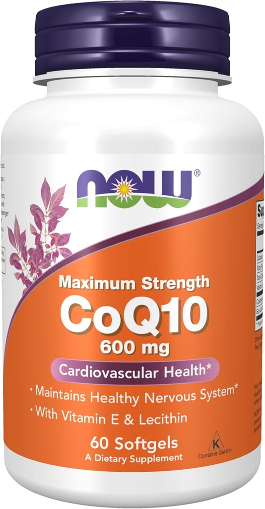 MAINTENANT Aliments suppléments, CoQ10 600 mg, résistance maximale avec vitamine E et lécithine, 60 softgels