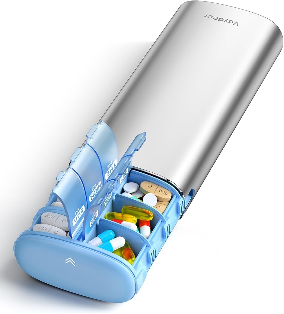 Vaydeer 7 Day Weekly Pill Organizer 2 fois par jour, Metal Am Pm Travel Pill Case, grande capacité deux fois par jour Pill Cute Pill Box pour suppléments, pilules, vitamines et médicaments (livraison)