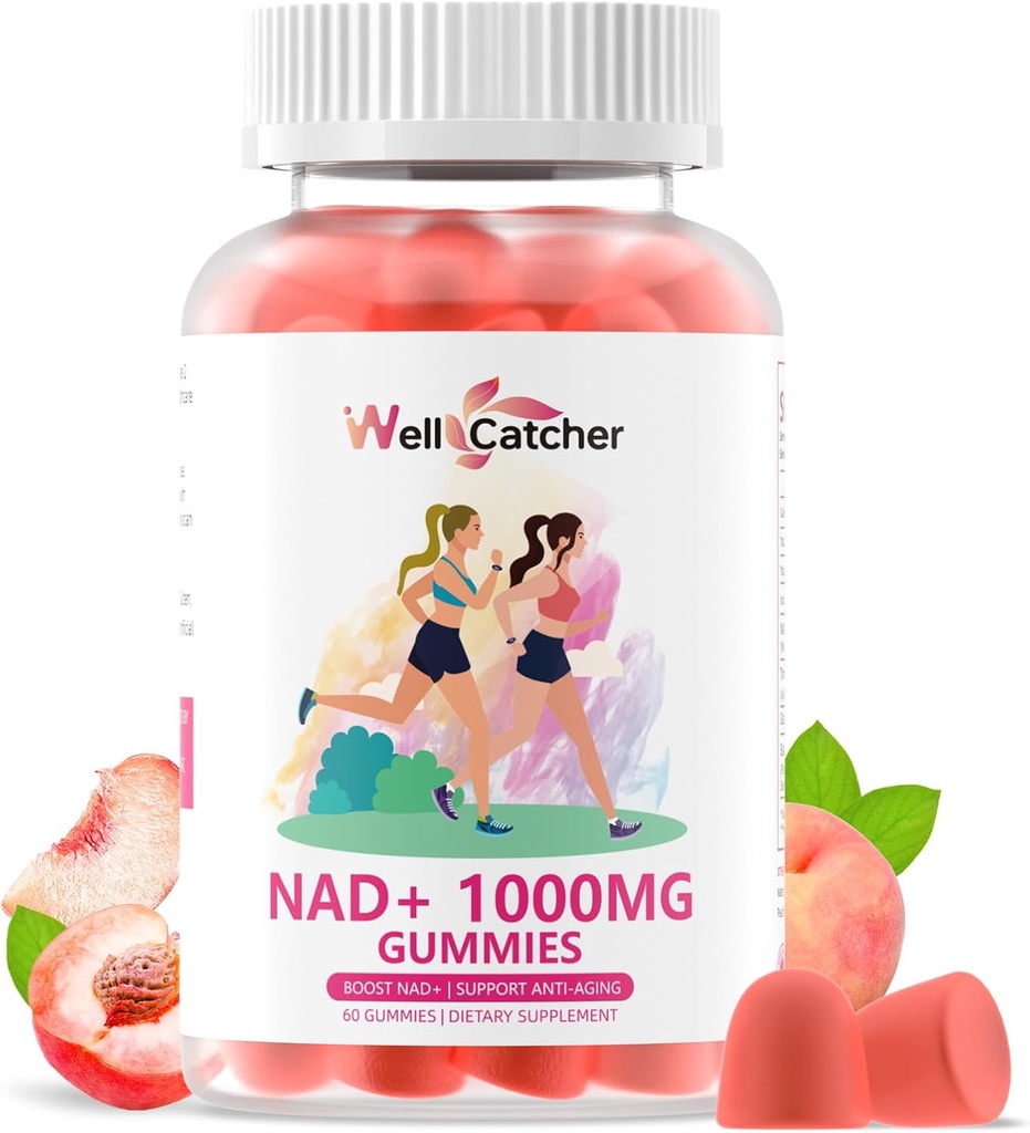 Supplément Gommies NAD+ pour les femmes 1000MG - NAD Plus Gommies pour les hommes Sans sucre Vitamine B3 Niacinamide Pure Organic Boosts NAD Niveau Anti-Age Régénération cellulaire Énergie Cerveau Pêche Flavor 60C