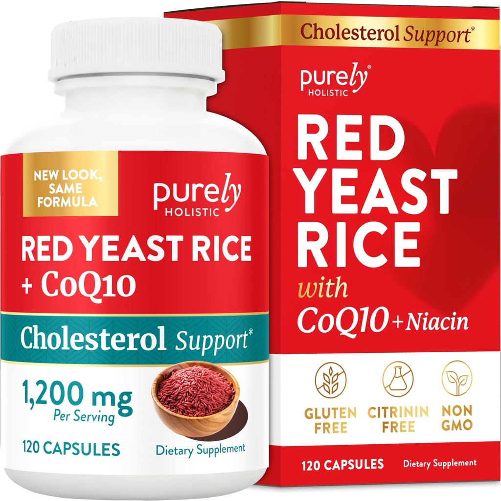 Riz de levure rouge 1200mg avec supplément CoQ10 et flush sans niacine 120 Capsules végétariennes d'extra-force – Formule cardiaque santé avancée - Non irradié, sans citrine