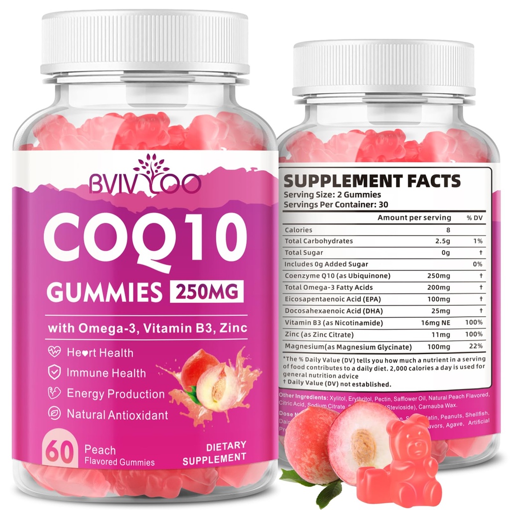 CoQ10 sans sucre Gummies 250mg, plus Oméga-3, vitamine B3 et zinc, Magnésium - Coenzyme haute absorption Q10 suppléments pour la santé cardiaque, l'énergie cellulaire et le soutien antioxydant, 60 Nombre