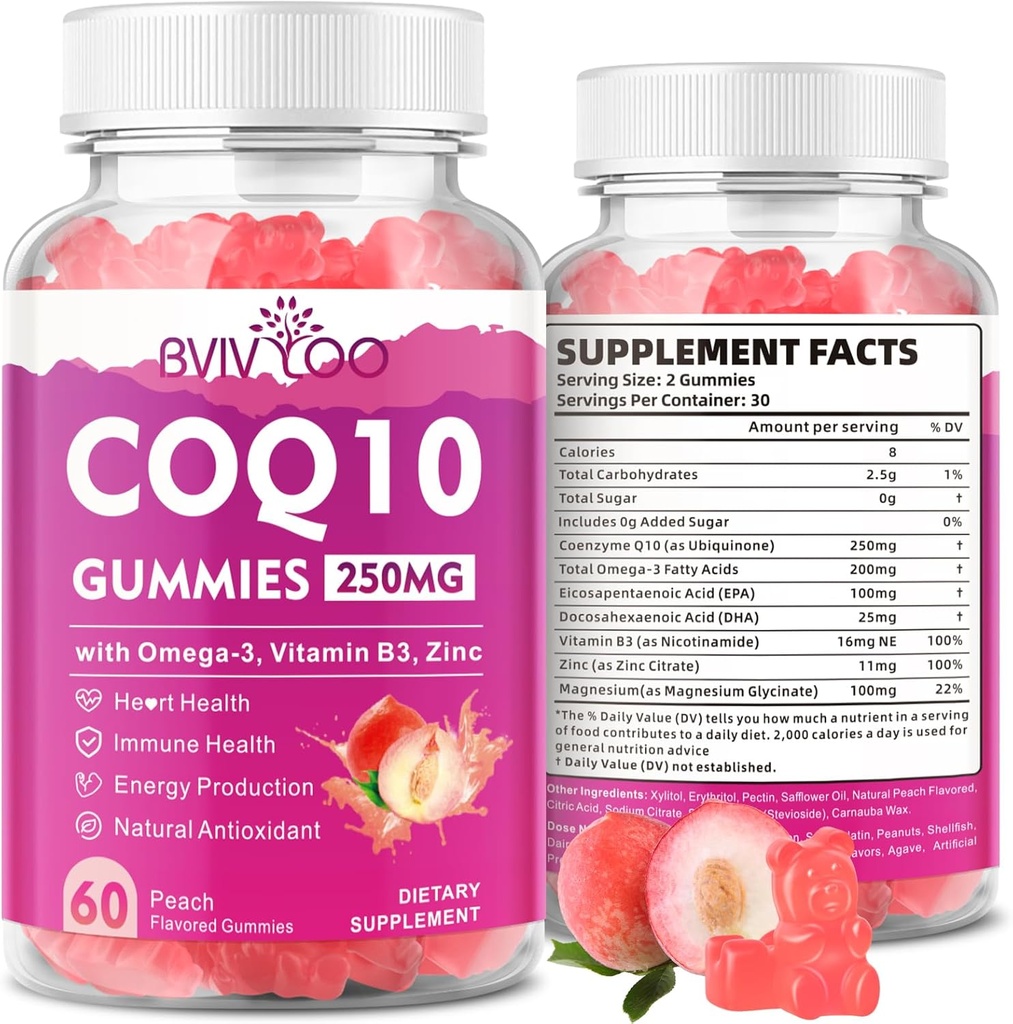 Sugar-Free CoQ10 Gummies 250mg, Plus Omega-3, Vitamin B3 & Zinc, Magnesium - High Absorption Coenzyme Q10 Supplements for Heart Health, Cellular Energy, & Antioxidant Support, 60 Count