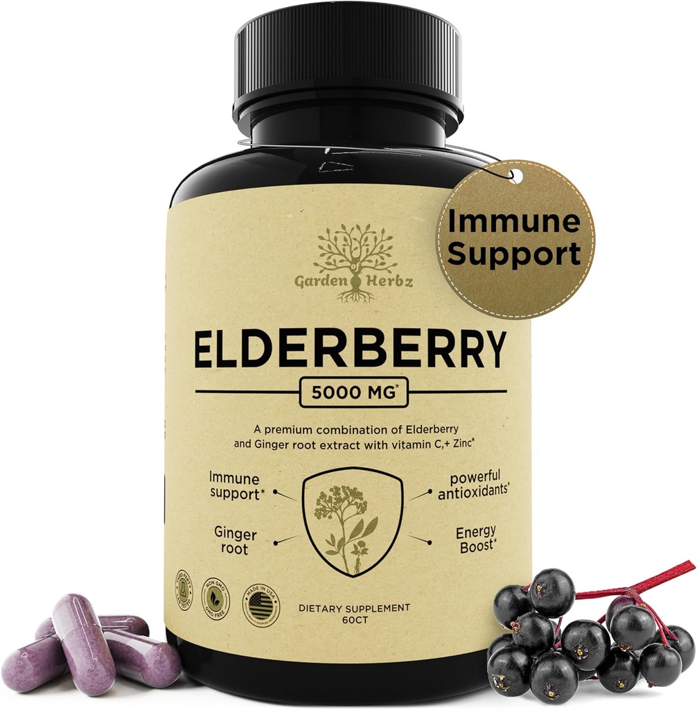 Elderberry avec vitamine C, zinc et gingembre – Potent Immune Booster 5000 Mg Elderberry, zinc et vitamine C – Vitamines non-OGM pour adultes pour vous aider à vous sentir vivant, 60 capsules.