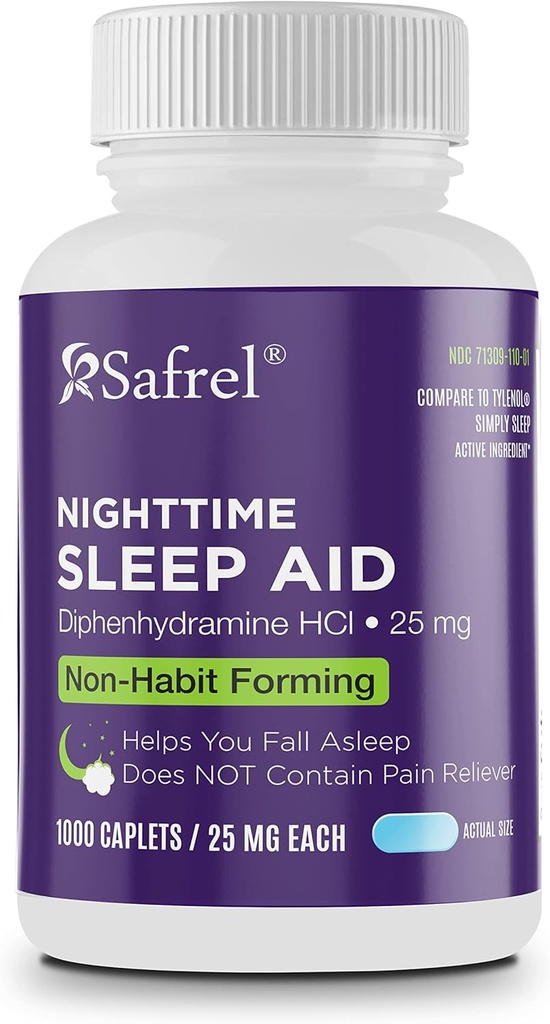 Safrel Nighttime Sleep Aid, Diphenhydramine HCl 25mg.L'aide au sommeil pour les hommes et les femmes est solide et non-habitante.