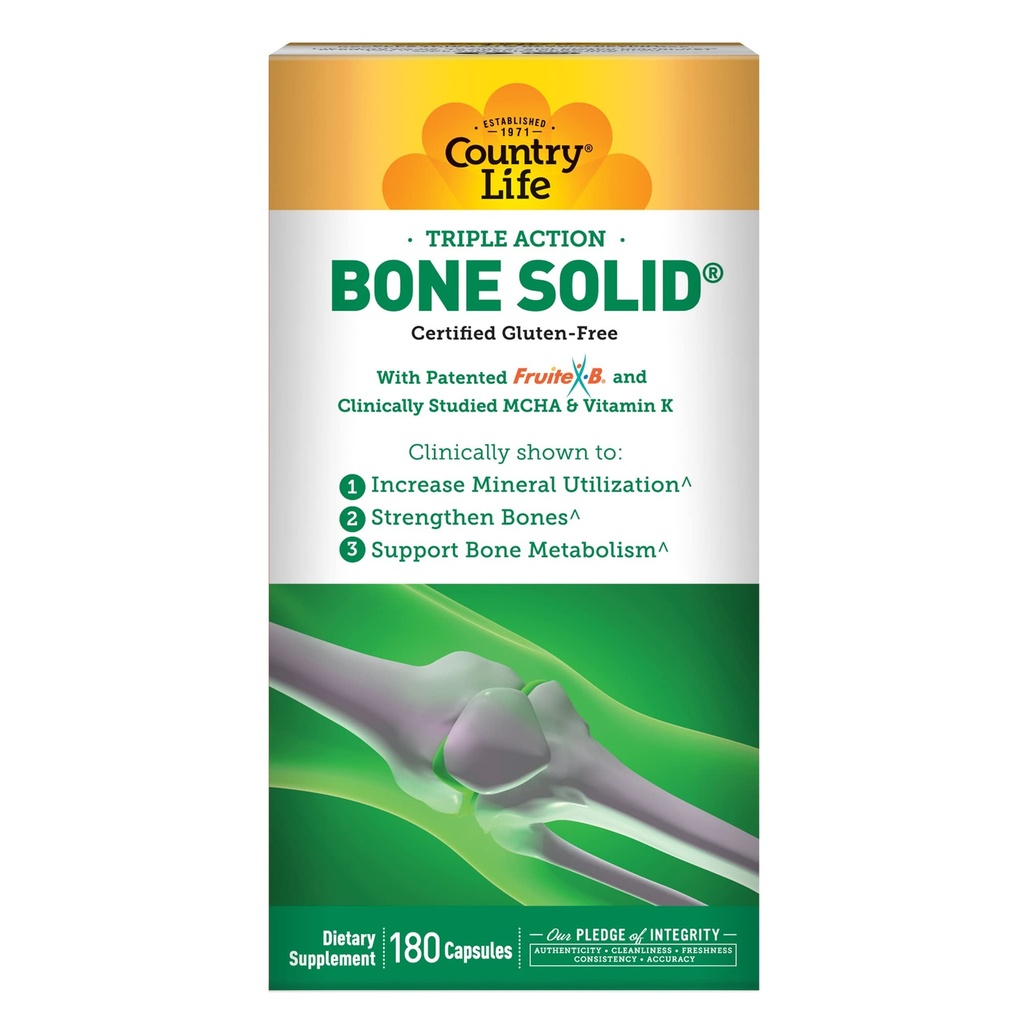 Country Life Bone Solid - Supplément santé os avec Hydroxyapatite microcristalline (MCHA), Calcium, Magnésium, Zinc, Vitamines K2 & D3 pour la résistance et le métabolisme des os - 180 capsules