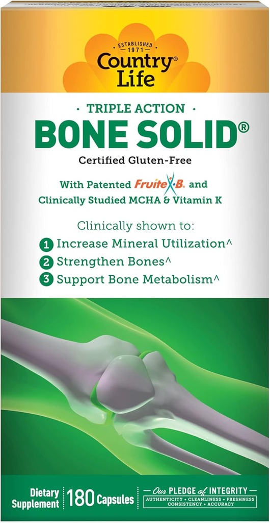 Country Life Bone Solid - Supplément santé os avec Hydroxyapatite microcristalline (MCHA), Calcium, Magnésium, Zinc, Vitamines K2 & D3 pour la résistance et le métabolisme des os - 180 capsules