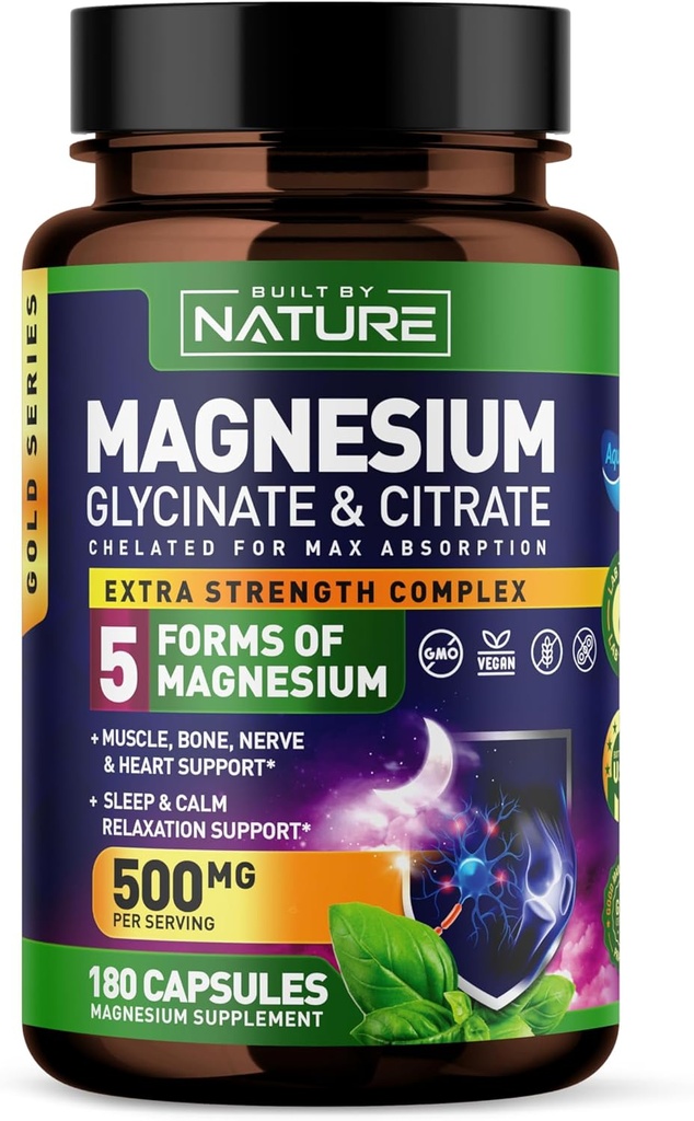 Complexe de magnésium 500mg - 5 formes de glycinate de magnésium, Citrate, Malate, Oxyde et Aquamin avec 72 minéraux traces - Chélaté pour Absorption - Supplément pour Muscle, Nerve, Coeur et Sommeil (180 Capsules)