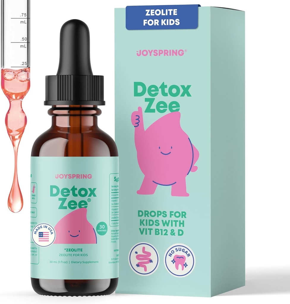 JoySpring DetoxZee Zeolite Drops for Kids – Clinoptilolite with Vitamin D3 & Cyanocobalamin Vitamin B12 – Natural Berry Flavor Liquid | 30 Servings