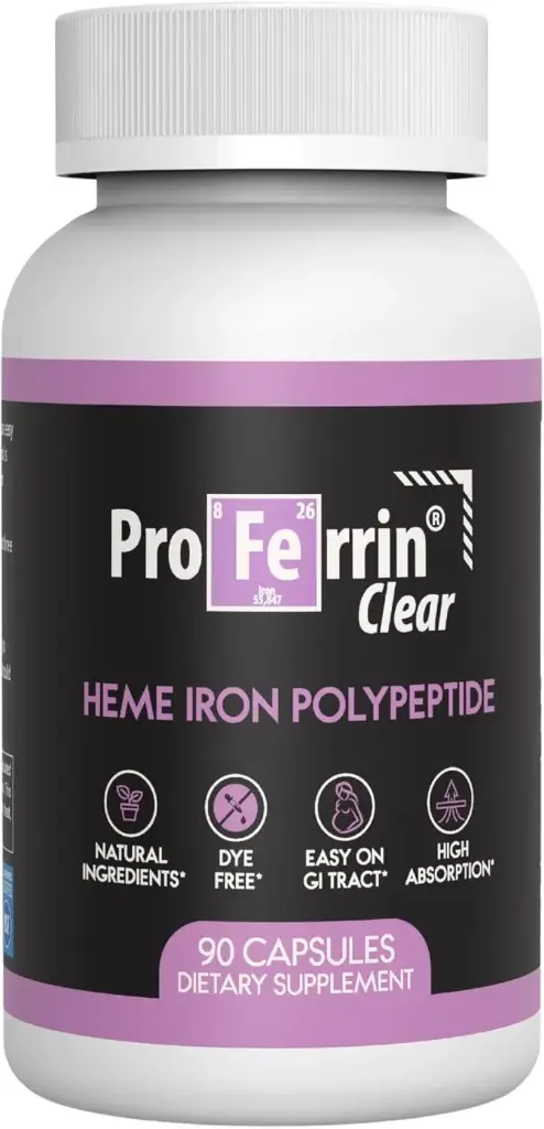 Proferrin Clear Heme Iron Supplement, 90 Capsules- Absorption Supérieure, Facile sur le Gut, Naturel, Fabriqué aux États-Unis