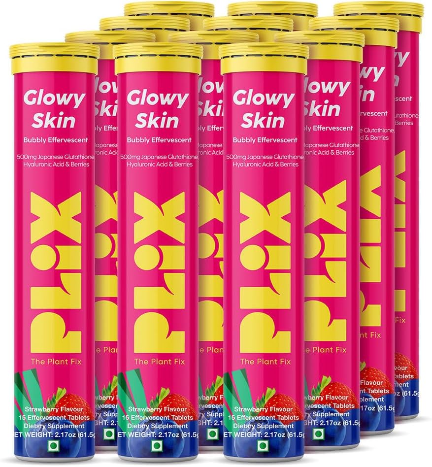 PLIX Glowy Skin 500mg Glutathione Supplement with Hyaluronic Acid, Vitamin C, E & Berries | 90 Effervescent Tablets, Strawberry Flavor