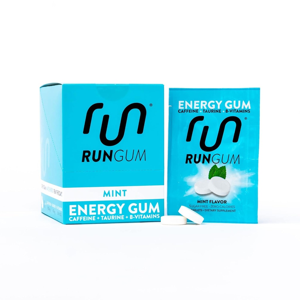 RUN GUM Mint Energy Gum 50mg Caféine Taurine & B-Vitamines par pièce, 24 pièces (paquet de 12), 2 pièces = 1 café ou boisson énergétique, sans sucre, zéro calories