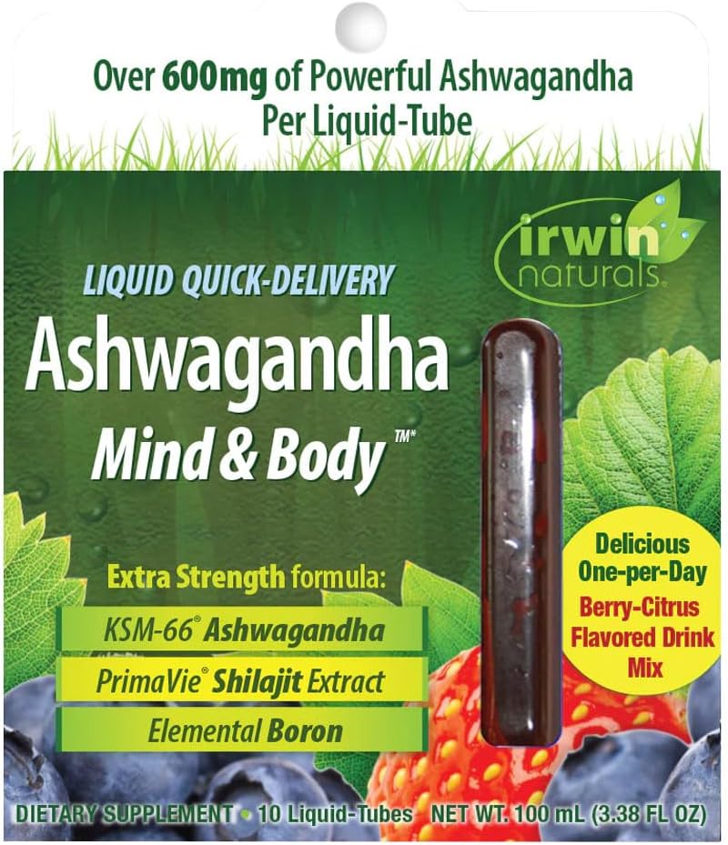 Irwin Naturals Liquide Livraison rapide Ashwagandha Mind & Body - 10 liquides-Tubes - stimule la performance physique et mentale - Mélange de boissons aromatisées Berry-Citrus d'un jour