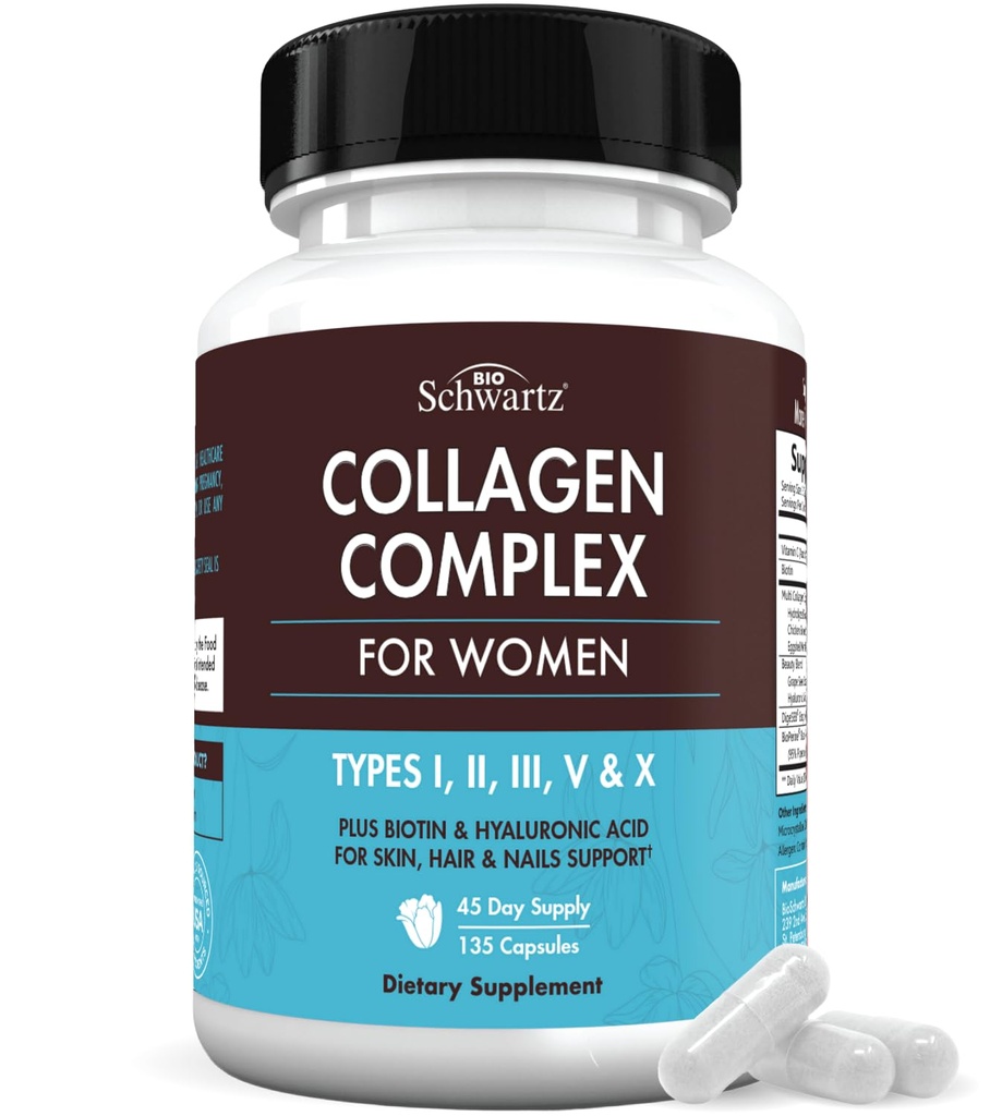BioSchwartz Hydrolyzed Collagen Peptide Capsules - Suppléments multi collagènes pour femmes de types I, II, III, V, X avec vitamine C, biotine, kératine et acide hyaluronique pour la peau, les cheveux et les ongles - 135ct