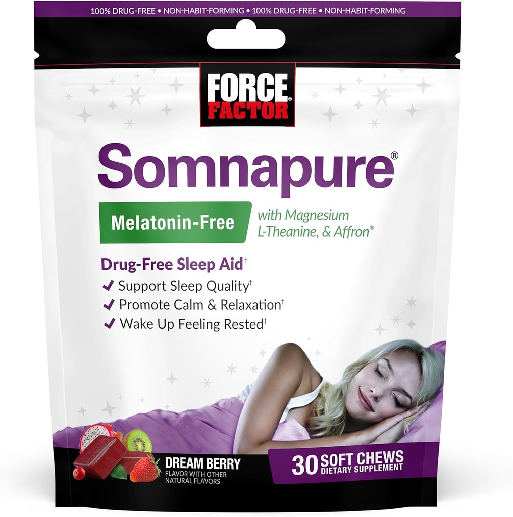 Facteur de force Somnapure Mélatonine-libres d'aliments doux, aide au sommeil pour améliorer la qualité du sommeil, aide au sommeil pour les adultes avec Affron, Magnésium, L-Theanine, Camomille, Lemon Baume, Dream Berry Flavor, 30 Chews doux