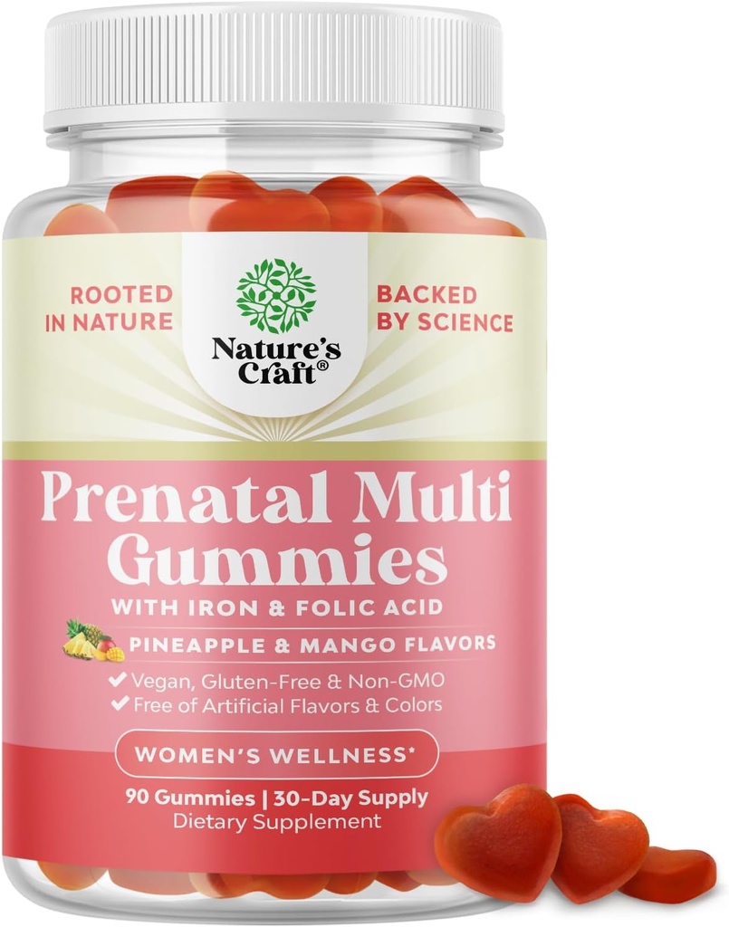 Gommies prénatales véganes pour les femmes - Vitamines prénatales gommy pour les femmes avec acide folique de fer et mélange de surfruit - Vitamines à croquer Formule gommy (mangue des pommes) 1 mois