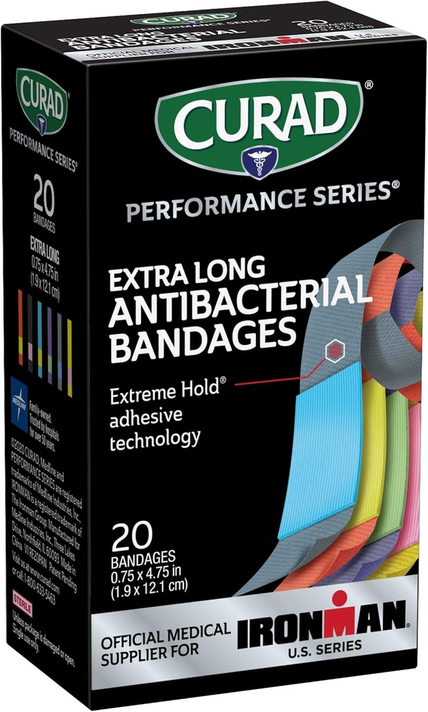 Série de performances CURAD IRONMAN Bandes antibactériennes, technologie d'adhésif de cale extrême, bandes de tissu flexible extra longue pour les découpes, les rayures et les brûlures, couleurs assorties, 0,75 x 4,75 pouces, 20 Compte