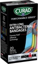 Série de performances CURAD IRONMAN Bandes antibactériennes, technologie d'adhésif de cale extrême, bandes de tissu flexible extra longue pour les découpes, les rayures et les brûlures, couleurs assorties, 0,75 x 4,75 pouces, 20 Compte